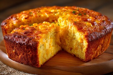 Sopa Paraguaya on wooden serving board, golden brown with crumbly texture and corn kernels. Concept of rustic food, cornbread cheese Paraguayan traditional cooked delight.