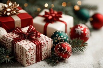 Festive Holiday Composition with Wrapped Gifts and Ornaments