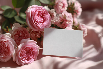 Top view of blank paper card lying on the gentle light pastel color cloth on the table with pink roses.
