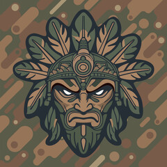 tribal mask warrior indian with stern face surrounded by stylized leaves and ornamental ethnic details on a dark stylized camouglage background