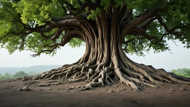 Magnificent ancient tree with intricate root system and lush green canopy in nature