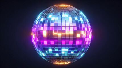 Obraz premium Disco ball rotates and reflects colorful lights in dark space