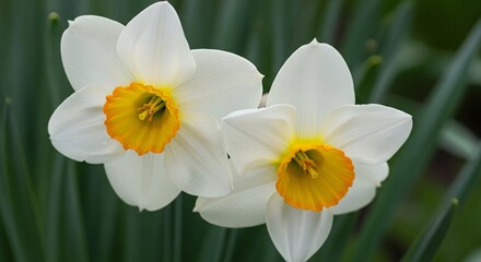 Close up of two white and yellow daffodils in a garden setting