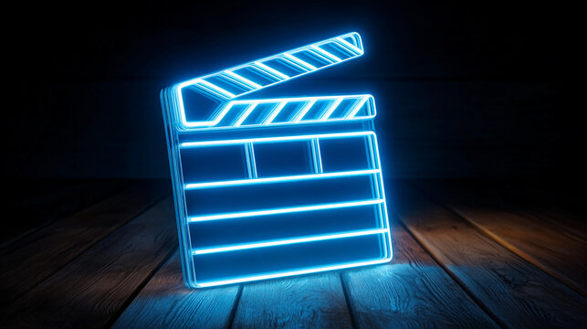 Neon clapperboard on wooden floor in a dark setting
