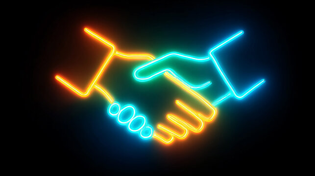 Bright neon handshake sign representing agreement and teamwork