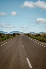 Vertical image of a beautiful mountain landscape with an empty asphalt road outdoor at daytime during springtime season during a road trip in Flinders Ranges in the outback of Australia.