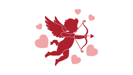 Vector cartoon illustration of a red heart with flowers on a branch and a white background featuring Cupid's arrow for a romantic Valentine's Day card design