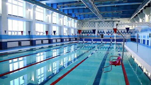 A large indoor swimming pool with swimming lanes highlighted by floats