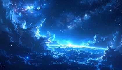 A blue cosmic vista featuring ethereal clouds, shining stars, and a bright planetary horizon