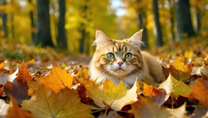 Majestic maine coon cat resting among golden autumn leaves in a forest landscape
