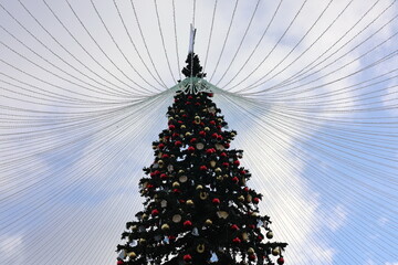 A large Christmas tree with a garland on the background of the sky outdoors, celebrating the New Year