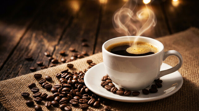 Steaming hot coffee in a white cup with heart-shaped steam, surrounded by roasted coffee beans on a rustic wooden table with warm bokeh lights. Perfect for a cozy morning - Powered by Adobe