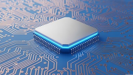 Microprocessor chip with blue glow on a detailed circuit board background representing technology