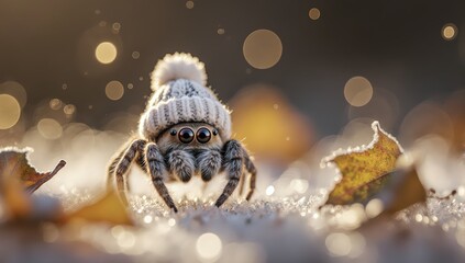 A charming jumping spider wearing a cozy winter hat on frosty ground with autumnal leaves