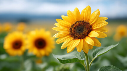 Obraz premium Vibrant summer sunflower field with bright yellow blooms under blue sky