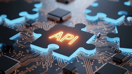 A glowing api puzzle piece fits into a digital circuit board representing software integration
