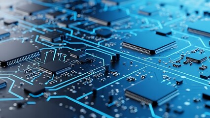 High-tech circuit board featuring glowing blue connections and microchips for digital processing.
