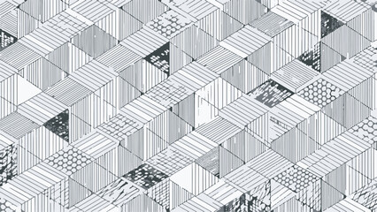 Seamless Abstract Isometric Cube Pattern Background with Varied Textures in Monochrome