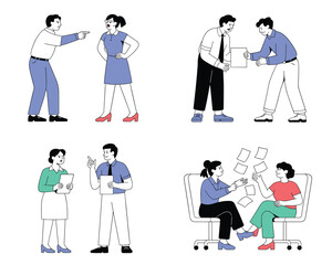 Vector Illustration Set of Business People in 4 Scenes, Including Office Conflict, Teamwork, Discussion, and Corporate Communication