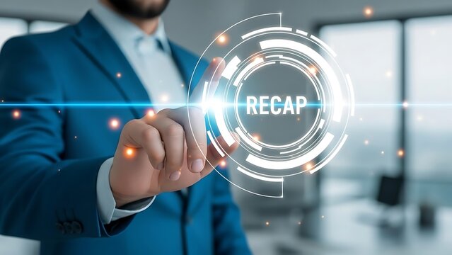 Businessman activates digital recap screen to review important information and summarize key points