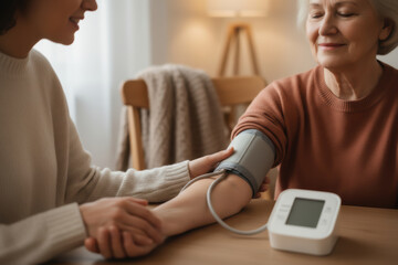 Young woman measuring blood pressure of senior woman at home