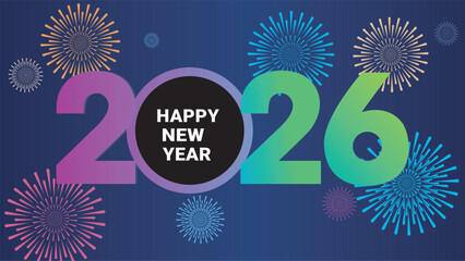Obraz premium Happy new year 2026 with colorful fireworks and gradient numbers on a dark blue background