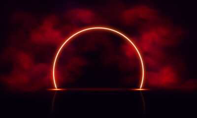 Fototapeta premium Round frame, neon, glowing, with red smoke effect and reflection on black isolated background.