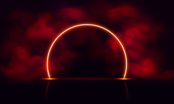 Round frame, neon, glowing, with red smoke effect and reflection on black isolated background.