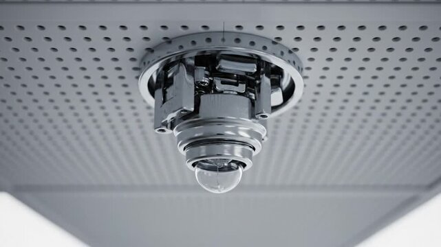 Close-up perspective of a detailed chrome sprinkler system head embedded in a modern ceiling grid