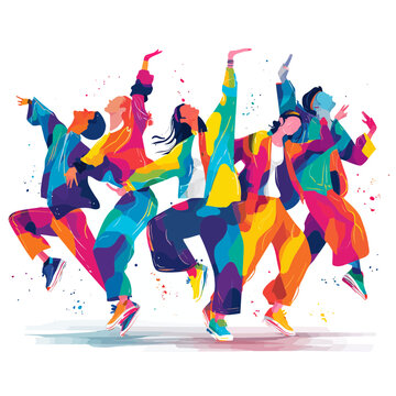 Group of colorful dancers performing a vibrant dance in motion