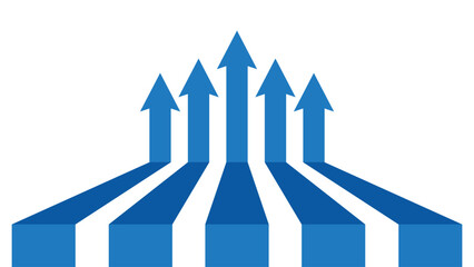 Five Blue Business Arrows Rising Up Together with One Leading Arrow in the Center, Representing Competition, Teamwork, Success, and Profit Growth