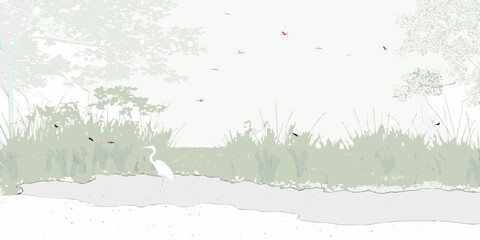 A serene watercolor scene depicting a heron and flying birds in nature © Pabitra