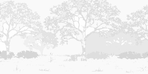 Obraz premium A grayscale landscape featuring trees and shrubbery in a misty setting