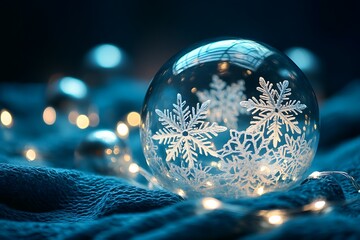 Enchanting winter scene with a clear snowflake bauble illuminated by cozy fairy lights