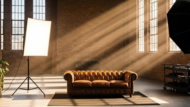 Sunlight streaming into a vintage photography studio with a leather sofa.