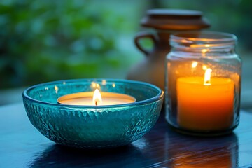 Relaxing ambiance with flickering flames from a tealight in a blue bowl and a jar candle