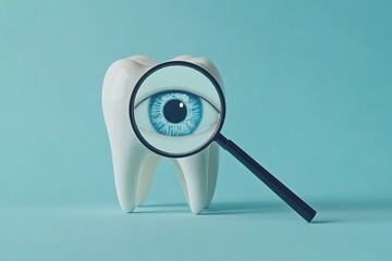 Detailed dental examination: a magnifying glass reveals an insightful eye on a tooth model