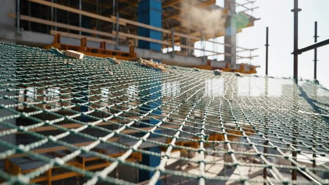 Low angle view of a construction site with green safety net protecting against falling debris on a sunny day