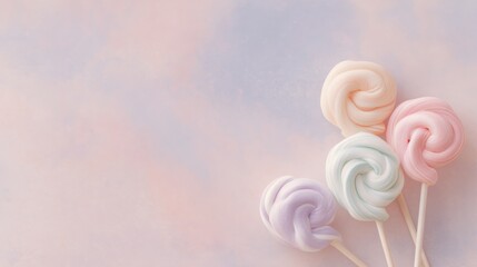 Four colorful lollipops on a pastel pink and blue background. the lollipop on the left is white, the middle one is pink, the second one is light pink, and the third one is green.
