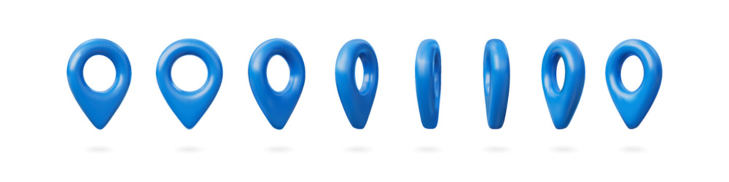 Geotag 3d vector icons animation set, realistic blue map pin, travel app navigation GPS location mark map pointer sign