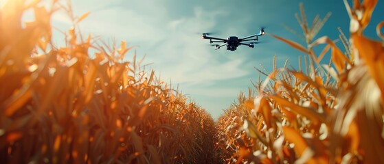 Drone equipment flying over a cornfield, smart tech used for monitoring the fields in agriculture.