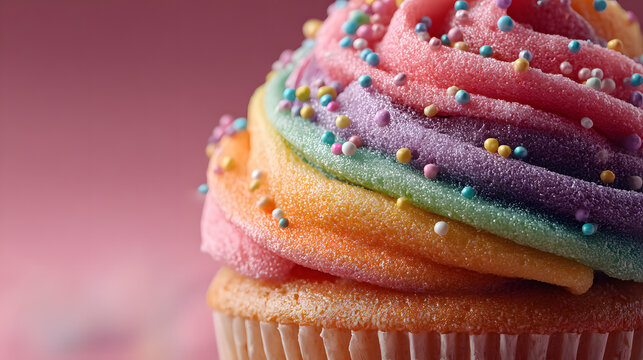 Rainbow cupcake zoomed in pink background for Valentine's Day, Birthday greeting copy space.