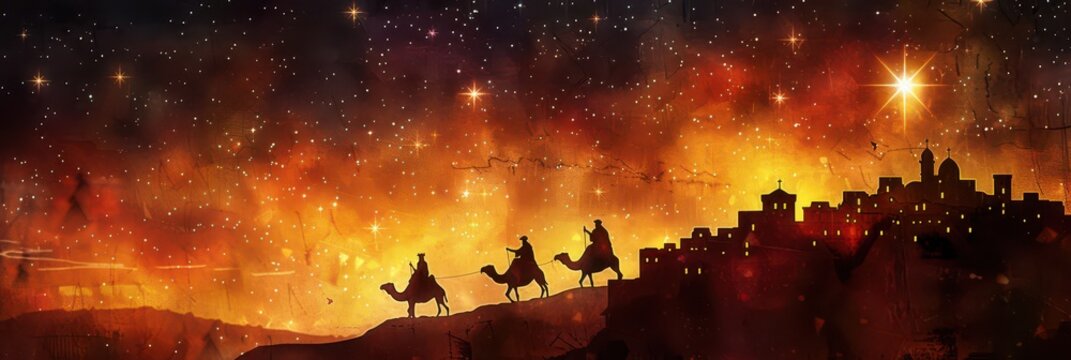 Epiphany celebration with three kings journey at night. Star of Bethlehem, or Christmas Star. Horizontal banner. Copy space. Three Kings Day. Watercolor illustartion