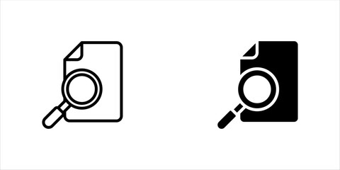 Document with Magnifying Glass Outline and Silhouette Icon Set. Collection of Study and Research Symbols. Application Form, Data Report. Isolated Vector Illustration.