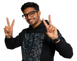Coding Success: Cheerful Developer with Peace Sign on White Background