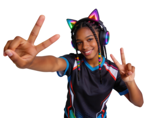 Smiling Gamer Girl Showing Victory Sign
