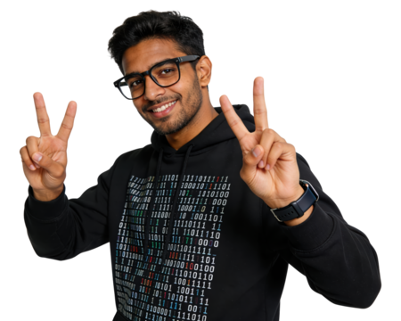 Coding Success: Cheerful Developer with Peace Sign on White Background - Powered by Adobe