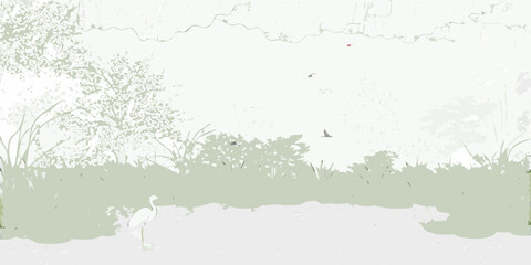A minimalist landscape with birds in flight and lush green vegetation