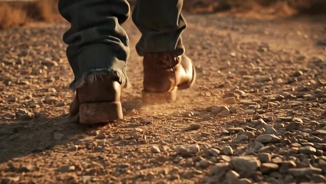 hiking boots walking on rocky trail at sunset.