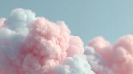 Fototapeta premium Close-up of a group of fluffy clouds in a light blue sky. the clouds are in various shades of pink and white, with some being lighter and others being darker.